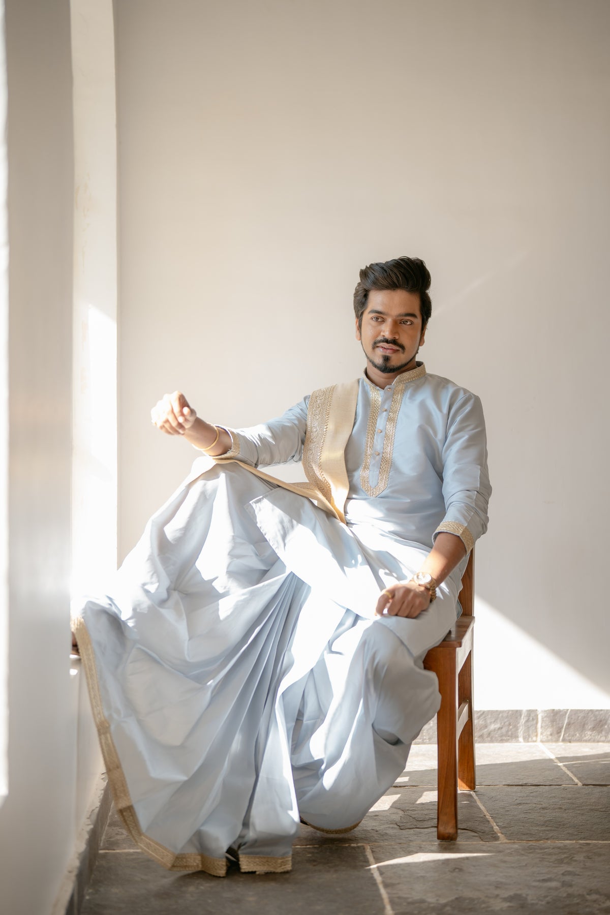 Men's Silver Grey Neck Work Kurta Set with Dupatta