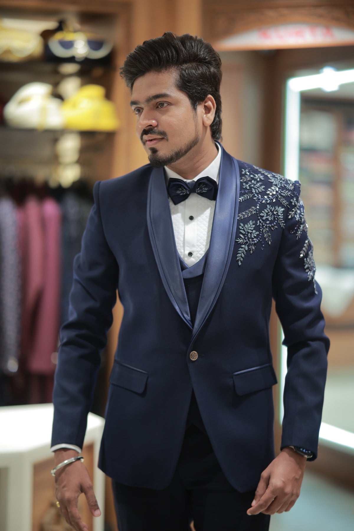 Men's Navy Blue Embroidered Tuxedo Suit