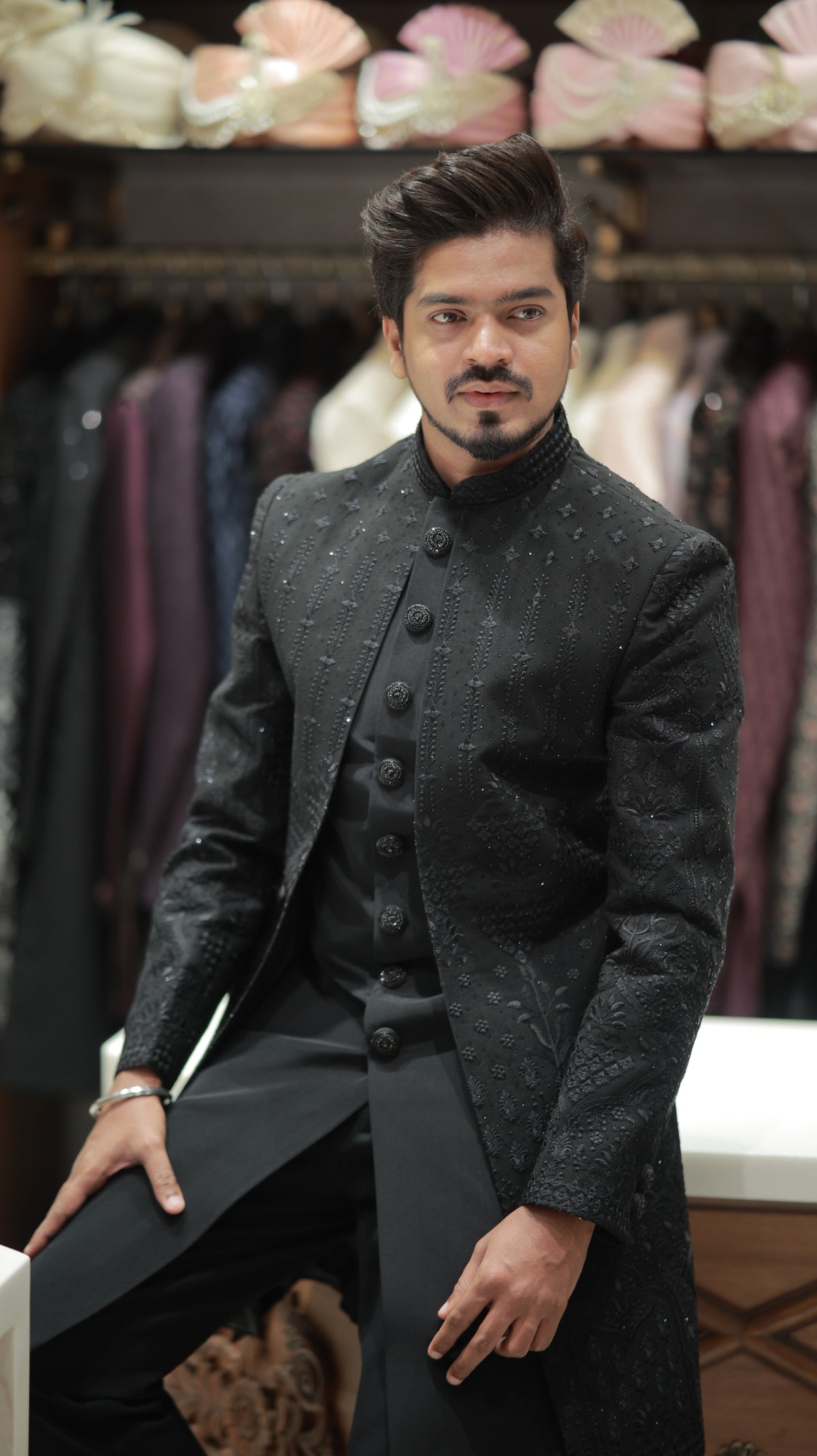 Men's Black Self-Textured Jacquard Indo-Western