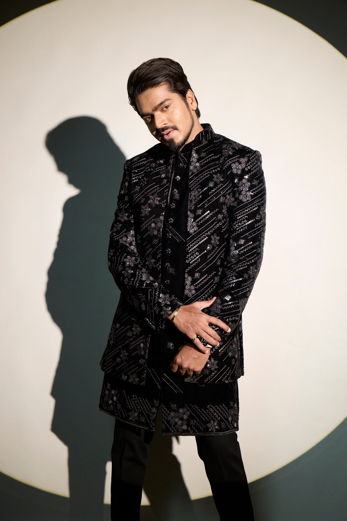 Men's Black Embroidered Velvet Indo-Western