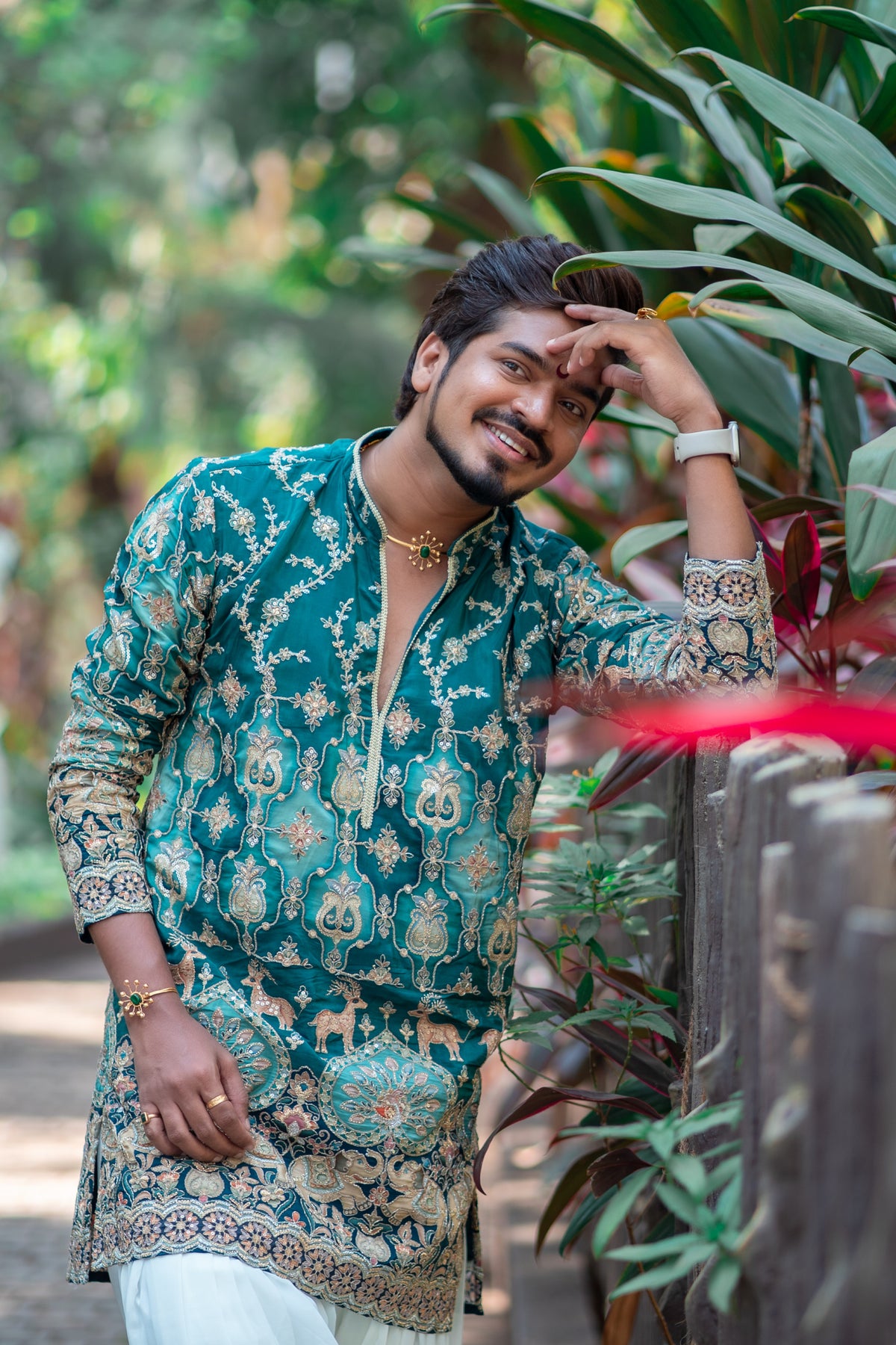 Men's Emerald Green Designer Embroidered Short Kurta