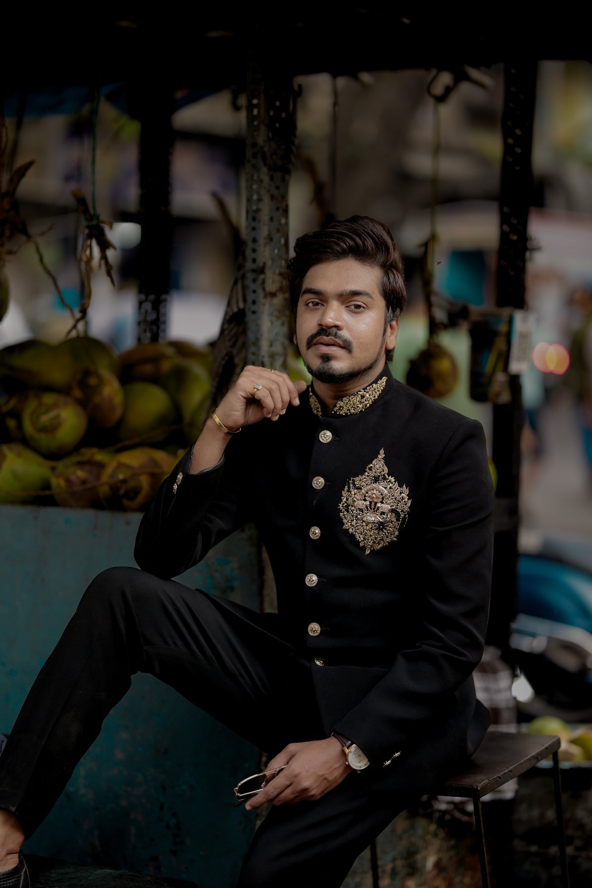 Men's Black Chest Embroidered Jodhpuri Suit