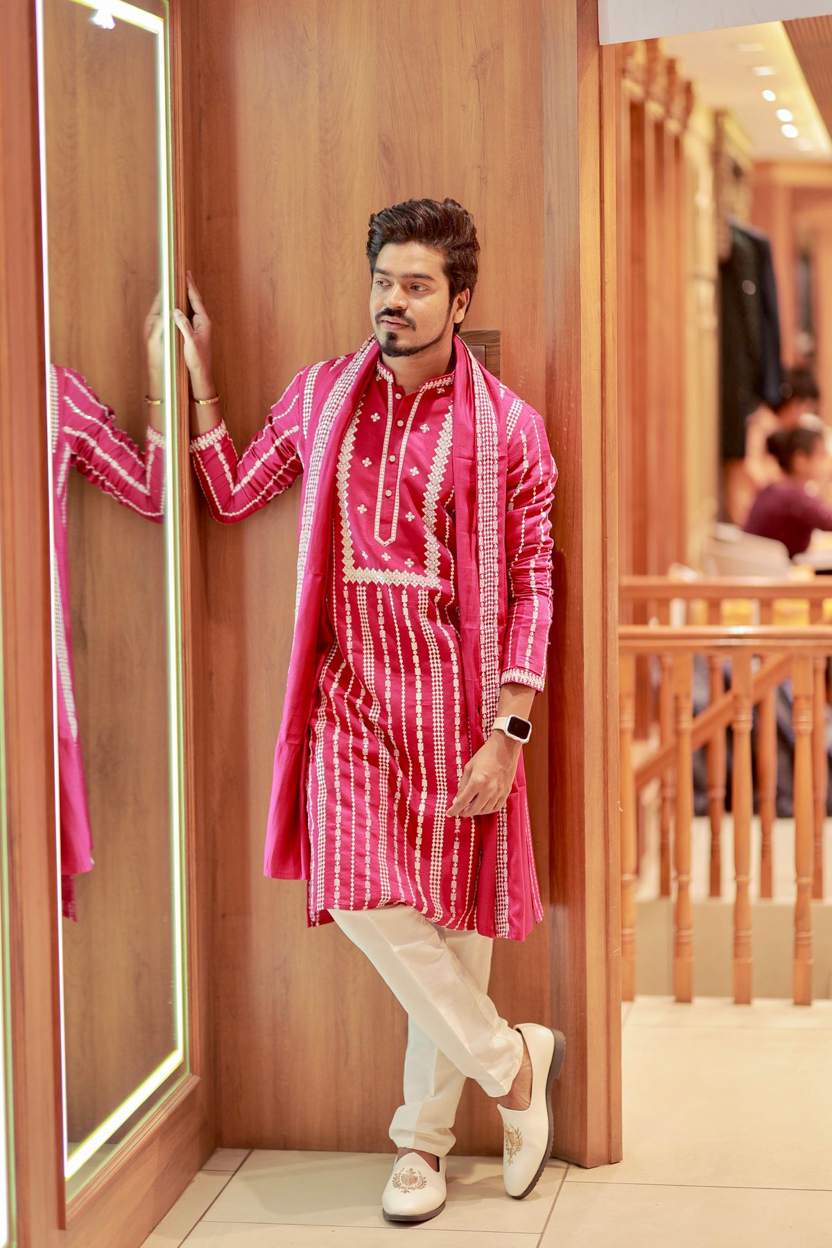 Men's Magenta Pink Embroidered Kurta Set with Dupatta