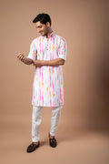 White Cotton Kurta with Pink & Mustard Tie-Dye Print and White Pant Set