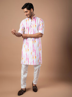 White Cotton Kurta with Pink & Mustard Tie-Dye Print