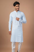 Sky Blue Geometric Embroidered Kurta with Delicate Sequins and White Pant Set