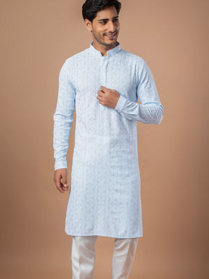 Sky Blue Geometric Embroidered Kurta with Delicate Sequins