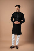Black Cotton Kurta with Embroidered Sequins  Kurta and White Pant Set