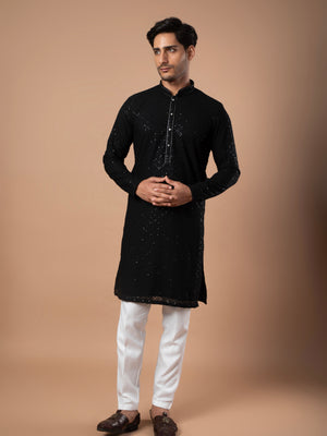 Black Cotton Kurta with Embroidered Sequins