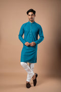 Teal Blue Cotton Kurta with Embroidered Sequins Kurta and White Pant Set