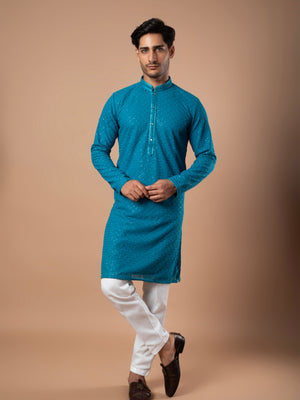 Teal Blue Cotton Kurta with Embroidered Sequins