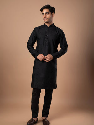 Black Beaded & Thread Embroidered Silk Kurta