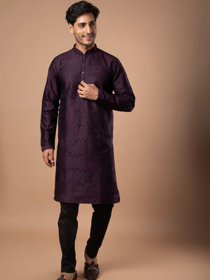 Wine Beaded & Threaded Embroidered Silk Kurta