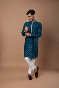 Peacock Blue Kurta with Golden Butti Embroidery and Off-White Pant Set
