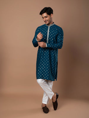 Peacock Blue Kurta with Golden Butti Embroidery