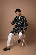 Black Kurta with White Thread-Work Butti and Off-White Pant Set