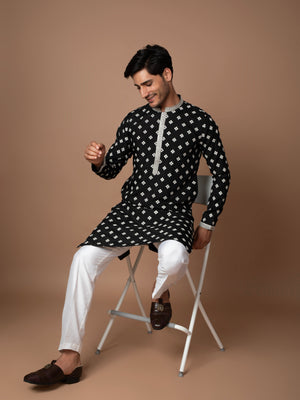 Black Kurta with White Thread-Work Butti