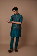 Dark Teal Blue Cotton-Silk Kurta Jacket Set with Intricate Embroidery