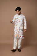 Off-White Printed Kurta with Palace and Peacock Motifs and Off-White Pant Set