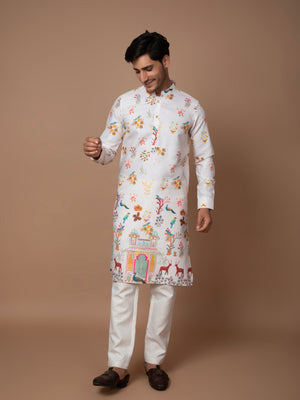 Off-White Printed Kurta with Palace and Peacock Motifs