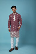 Mauve Kurta with White Embroidered Detailing and Off-White Pant Set