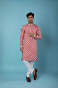 Coral Pink Kurta with Embroidered Butti and Off-White Pant Set