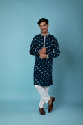 Navy Blue Kurta with Embroidered Butti and Off-White Pant Set