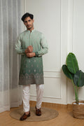 Mint Green Ombre Cotton Kurta with Sequins Border and Off-White Pant Set