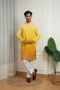 Yellow Ombre Cotton Haldi Kurta with Sequins Border and Off-White Pant Set