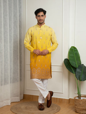 Yellow Ombre Cotton Haldi Kurta with Sequins Border