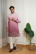 Lilac Ombre Cotton Kurta with Embroidered Sequined Border and Off-White Pant Set