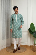 Turquoise Blue Cotton Kurta with Embroidered Buttis and Off-White Pant Set