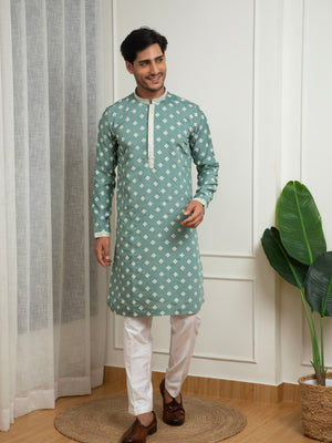 Turquoise Blue Cotton Kurta with Embroidered Buttis