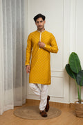 Mustard Yellow Silk Kurta with Golden Embroidered Buttis and Off-White Pant Set