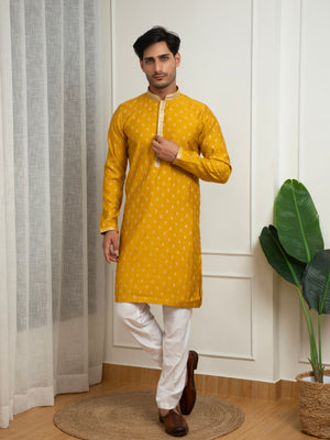 Mustard Yellow Silk Kurta with Golden Embroidered Buttis