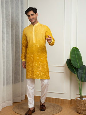Mustard Yellow Ombre Mirror Work Kurta