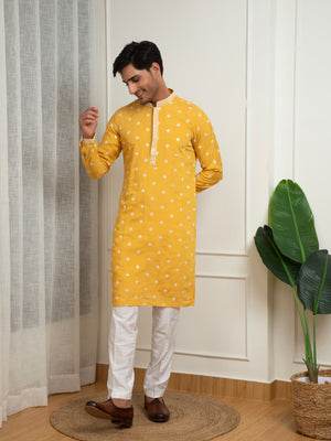 Yellow Cotton Kurta with Embroidered Sequined Buttis