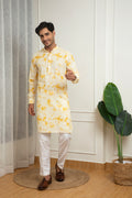 White Cotton Kurta with Yellow Tie-Dye Print and Off-White Pant Set