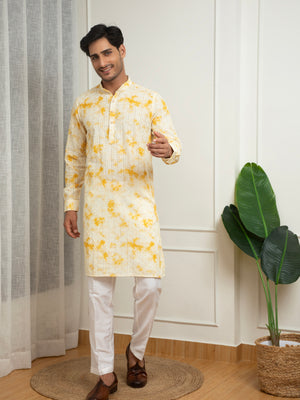 White Cotton Kurta with Yellow Tie-Dye Print Set