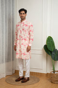 White Cotton Kurta with Pink Tie-Dye Pattern and Off-White Pant Set