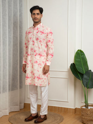 White Cotton Kurta with Pink Tie-Dye Pattern