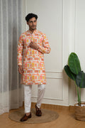 Orange Printed Cotton Kurta and White Pant Set