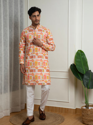 Orange Printed Cotton Kurta