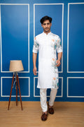 White Cotton Kurta with Vertical Floral Print and White Pant Set