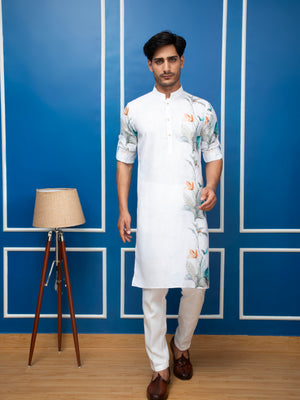 White Cotton Kurta with Vertical Floral Print