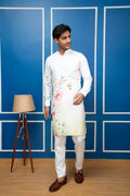 White Cotton Kurta with Corner Floral Print and White Pant Set
