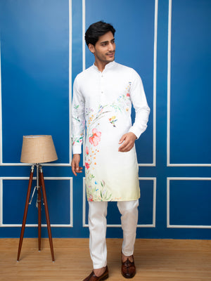 White Cotton Kurta with Corner Floral Print