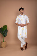 White Cotton Kurta with Yellow & Grey Tie-Dye Kurta and White Pant Set