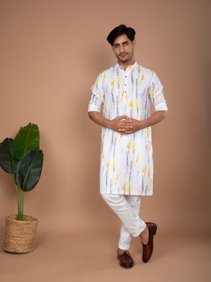 White Cotton Kurta with Yellow & Grey Tie-Dye Print