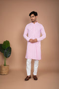 Pink Cotton Kurta with Geometric Embroidered Sequins and White Pant Set